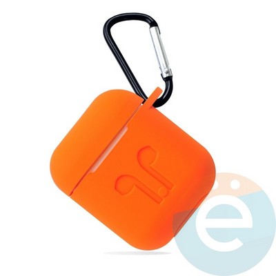 Чехол силиконовый для наушников Apple AirPods с карабином кислотно-оранжевый - фото 26691