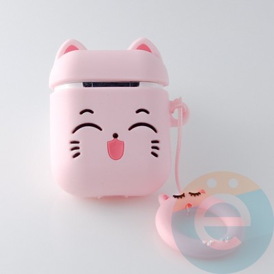Чехол силиконовый объемный на Apple AirPods 1/2 кошечка розовая - фото 31591